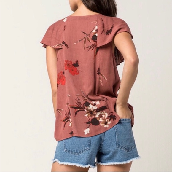 Tillys Blu Pepper Dark Mauve Pink Floral Blouse with Drawstring Tassel Tie - Picture 2 of 16